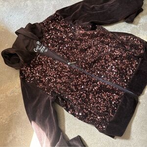 Sequin Front Zip Hoodie - Brown Velvet